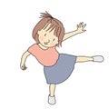 Vector illustration of little playful kid girl standing on one leg. Early childhood development, happy children day card