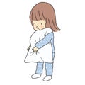 Vector illustration of little sleepy kid girl in pajamas holding pillow. Family, bedtime, early childhood development. Cartoon Royalty Free Stock Photo