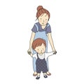 Vector illustration of little toddler first steps. Mother holding baby hand and helping him learn to walk. Royalty Free Stock Photo