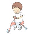 Vector illustration of little toddler riding a tricycle. Early childhood development activity, education, leaning, child playing