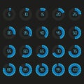 Vector illustration of loading blue circles set. 5 to 100. Isolated. Royalty Free Stock Photo