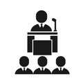 Vector illustration, logo, badge, presentation of a person on the podium. Editable.