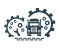 Vector illustration, logo, car, truck, badge and gears.