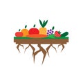 Vector illustration logo fruits land with root floating apple grape pineapple orange strawberry tomato cucumber salad in flat