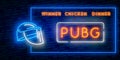 Game Battle Grounds neon sign, bright signboard, light banner, PUBG. Vector illustration logo and text Winner winner chicken