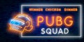 Game Battle Grounds neon sign, bright signboard, light banner, PUBG. Vector illustration logo and text Winner winner chicken