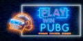 Game Battle Grounds neon sign, bright signboard, light banner, PUBG. Vector illustration logo and text Winner winner chicken