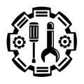 Vector illustration, logo, web icon. A gear, a wrench and a screwdriver. Isolated Royalty Free Stock Photo