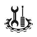Vector illustration, logo, web icon. A gear, a wrench and a screwdriver. Isolated. Royalty Free Stock Photo