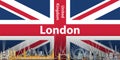 Vector illustration of London city skyline with flag of United Kingdom on background Royalty Free Stock Photo