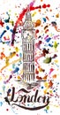 London label with hand drawn big ben, lettering London on multicolored watercolor background