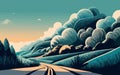 Vector illustration of a lonely road in the mountains with trees and clouds, surreal abstract nature, generative ai Royalty Free Stock Photo