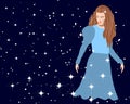 Vector illustration, a long-haired girl in a blue dress against the background of the starry sky. Fairy of the night. Royalty Free Stock Photo