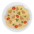 Vector illustration of long pasta with cheese, mushrooms, tomatoes, spices, parsley in plate