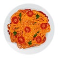 Vector illustration of long red pasta with sauce, tomatoes, herbs, spices, sesame in plate