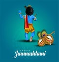 Printvector illustration of Lord Krishna Happy Janmashtami festival of India with text Royalty Free Stock Photo