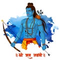 vector illustration of Lord Rama with message in hindi Shri Ram Navami with Bow & Arrow watercolor blue background