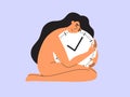 Vector illustration of lost time, aging, time running out, miss opportunity with sad girl sitting on knees hugging big clock