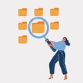 Vector illustration of lot of folders, woman searching and indexing files with magnifying glass. File manager, data