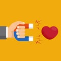 Vector illustration. Love attraction concept. Hand with magnet