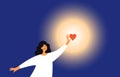 Vector illustration of love, charity, donation with woman holding heart in hand lighting up darkness