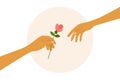 Vector illustration of love, dating, romantic relationship with human hand holding out flower