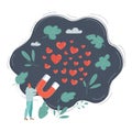 Vector illustration of love. Man hold big magnet and collect love heart and likes on dark.