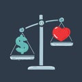 Vector illustration of love or money balanced on dark background. Heart, dollar and scale. Royalty Free Stock Photo
