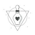 Vector illustration of love potion beautiful bottle with heart. Chemistry of love. Line art love symbol. Valentine`s day