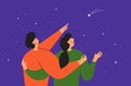 Vector illustration of love, romantic relationship with happy couple looking at night sky and shooting star Royalty Free Stock Photo