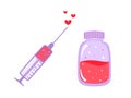 Vector illustration of love vaccine for Valentine`s Day in cartoon style isolated. Doodle in the shape of a syringe and