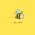 Lovely bee flying on yellow background. Bee happy for card design, t-shirt or textile print. Inspiring