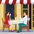 Vector illustration of lovely couple is drinking coffee in a cafe. A man and a woman are sitting at a table outside a Royalty Free Stock Photo