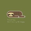 Lovely lazy sloth in linear geometric style lying on a green background. Be happy for card design, t-shirt