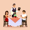 Vector illustration of loving couple in restaurant with waiter, drinking wine in a cafe. Man and woman have a date, flat Royalty Free Stock Photo