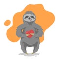 Vector illustration of loving happy cute sloth with heart