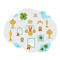 Vector illustration, luck symbol clover, sports awards, cup, medal, diploma, badge, diploma, crown, oscar Royalty Free Stock Photo