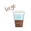 Lungo coffee cup icon with its preparation and proportions and names in spanish