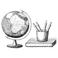 Vector illustration. Globe, book, pencils black and white hand-drawn sketch. Line art