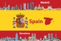 Vector illustration of Madrid and Barcelona cities skylines with flag and map of Spain on background Royalty Free Stock Photo