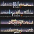 Vector illustration of Madrid, Barcelona, Lisbon and Porto cities skylines at night with bright lights. Maps and flags of Spain an