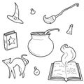 Vector illustration of magic design elements set. Hand drawn, doodle, sketch magician collection. Royalty Free Stock Photo