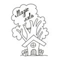 Vector illustration of a magic sale in doodle style. Image of a fabulous tree with a house