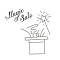 Vector illustration of a magic sale in doodle style. Image of a magician\'s hat with a magic wand