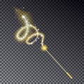 Vector illustration of magic wand. Isolated on black transparent background. Transparent light effe