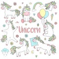 Vector illustration of magical unicorns. Icon collection of horses, hearts, diamonds, sweets, stars, flowers. Concept of holiday,