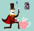 the magician performs with a trick with a magic wand spoon. Poster or banner for cafe, bar