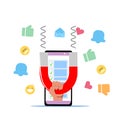 Vector illustration of magnet pulling likes, messages, notifications, emojis from mobile device Royalty Free Stock Photo