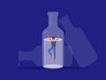 Vector illustration of male alcoholism with afraid man drowning in alcohol drink bottle