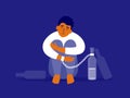 Vector illustration of male alcoholism with unhappy man chained to alcohol drink bottle sitting hugging knees